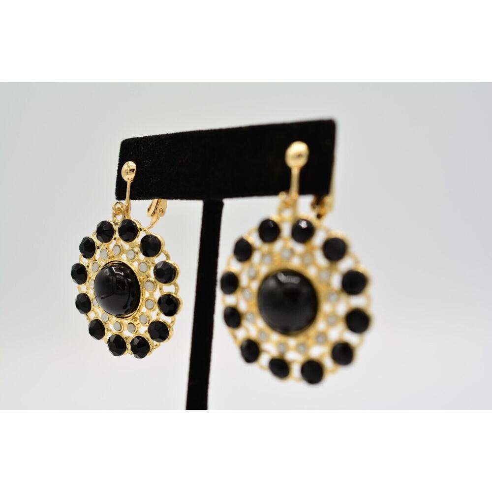 Vintage Clip Earrings Dangle Black Cabochon Gold Tone 1990s BinAI - Picture 3 of 12